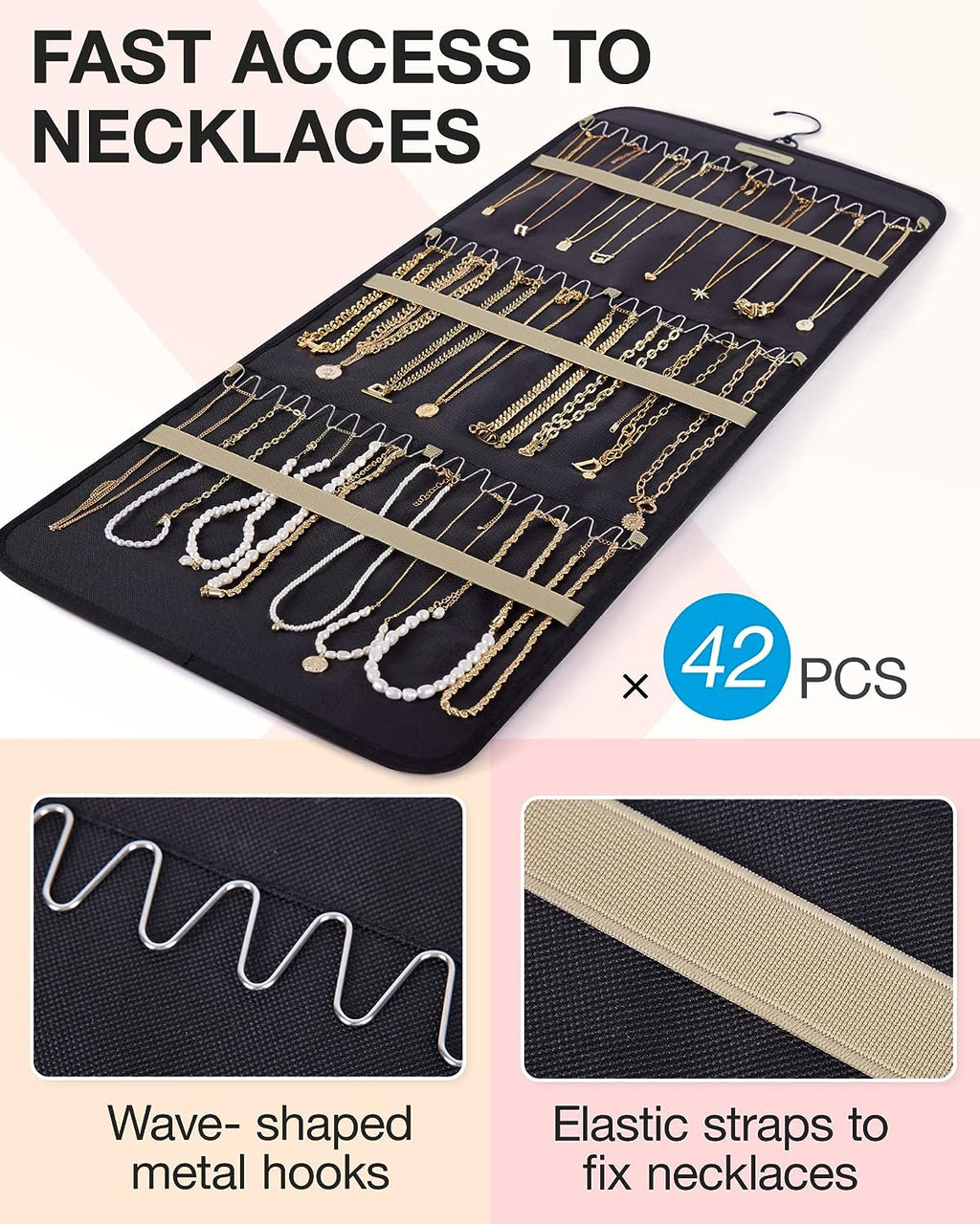 Hanging Jewelry Organizer Storage Roll with Hanger Metal Hooks Double-Sided Jewelry Holder for Earrings, Necklaces, Rings on Closet, Wall, Door, 1 Piece, Large, Black