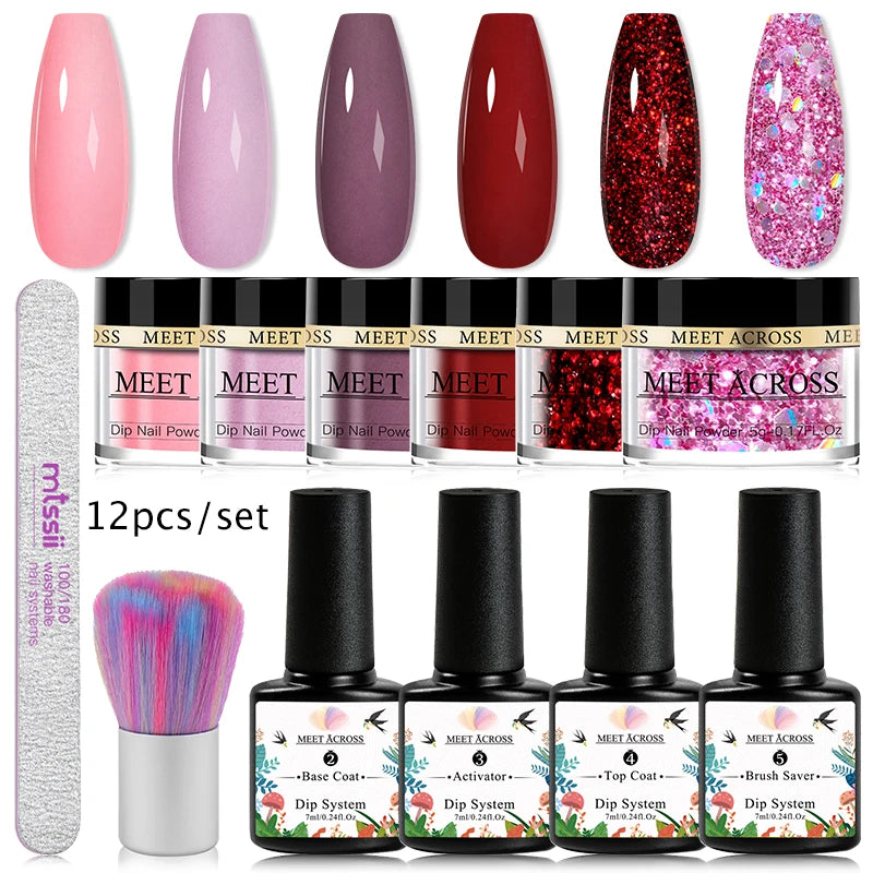 MEET ACROSS 5g Glitter Dipping Nail Powder Set Nude Pink Purple Dipping Nail System Kits No Need Lamp Saving Time DIY Nail Art