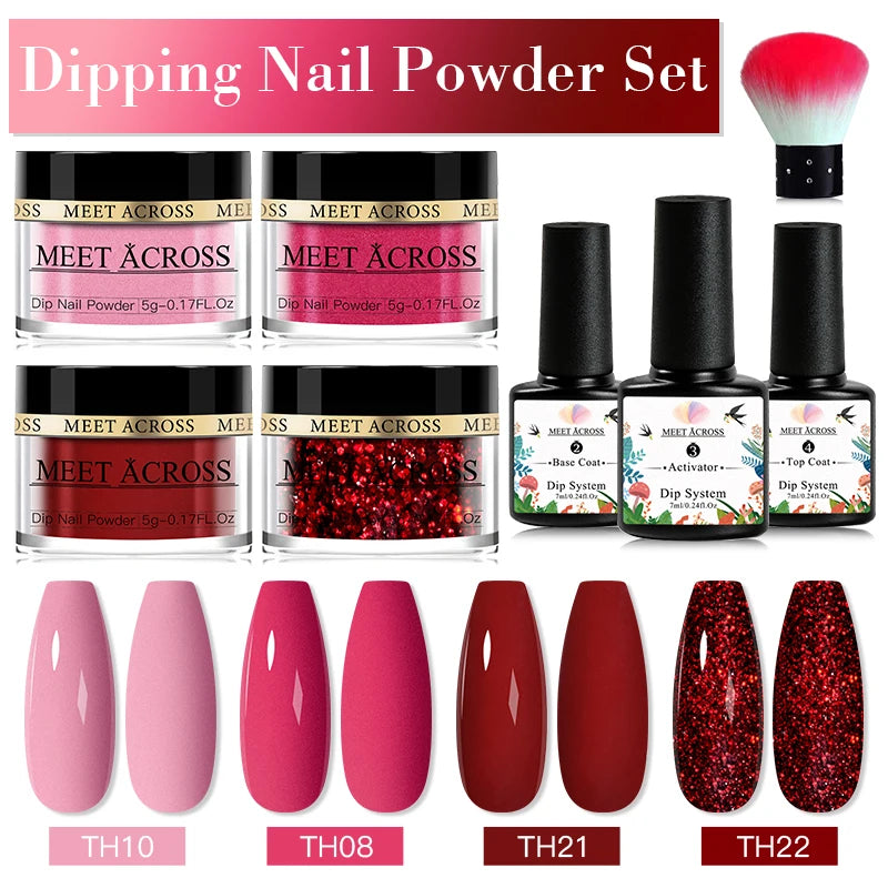 MEET ACROSS 5g Glitter Dipping Nail Powder Set Nude Pink Purple Dipping Nail System Kits No Need Lamp Saving Time DIY Nail Art