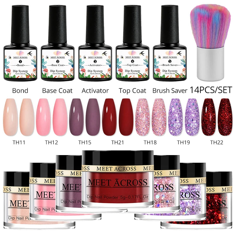 MEET ACROSS 5g Glitter Dipping Nail Powder Set Nude Pink Purple Dipping Nail System Kits No Need Lamp Saving Time DIY Nail Art