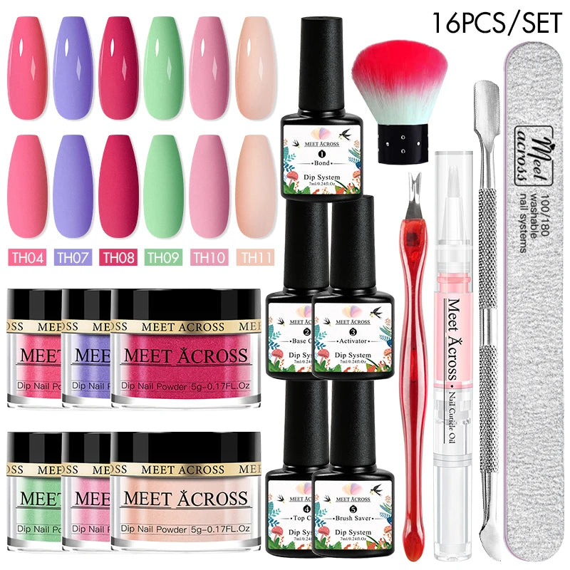 MEET ACROSS 5g Glitter Dipping Nail Powder Set Nude Pink Purple Dipping Nail System Kits No Need Lamp Saving Time DIY Nail Art