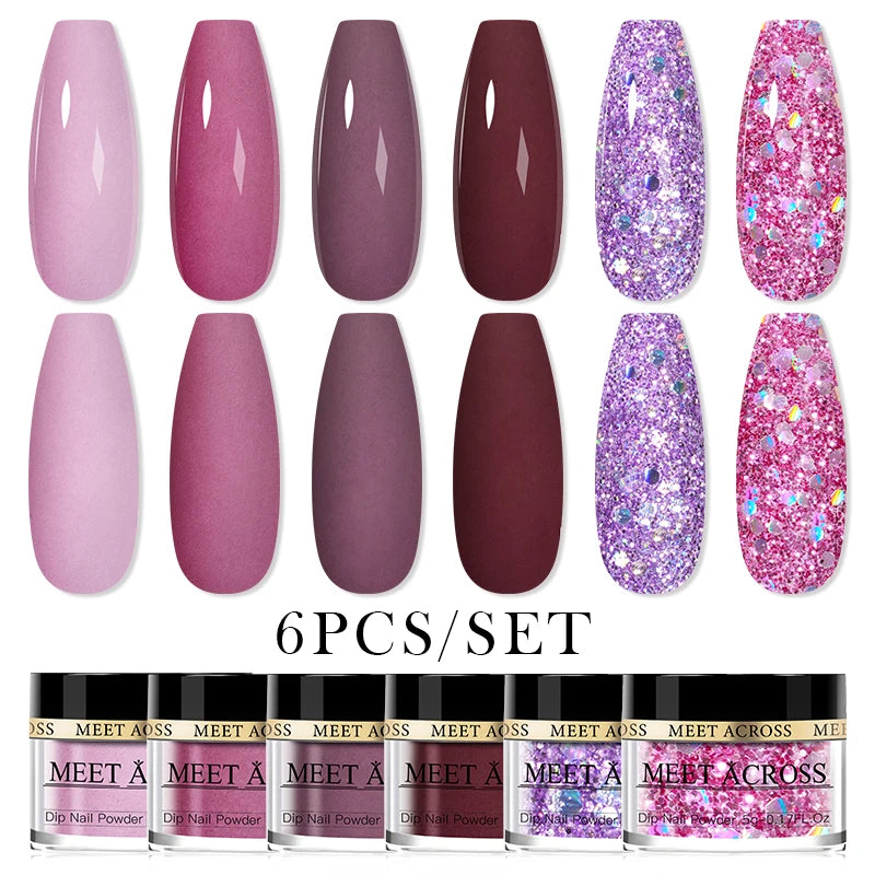MEET ACROSS 5g Glitter Dipping Nail Powder Set Nude Pink Purple Dipping Nail System Kits No Need Lamp Saving Time DIY Nail Art