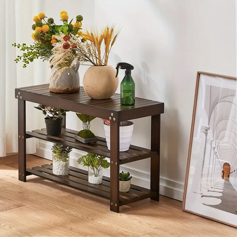 Vintage 3-Tier Bamboo Shoe Rack - Dark Brown-4