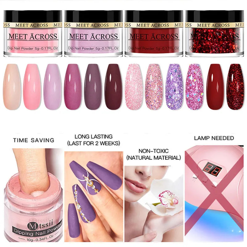 MEET ACROSS 5g Glitter Dipping Nail Powder Set Nude Pink Purple Dipping Nail System Kits No Need Lamp Saving Time DIY Nail Art