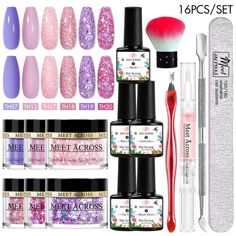 MEET ACROSS 5g Glitter Dipping Nail Powder Set Nude Pink Purple Dipping Nail System Kits No Need Lamp Saving Time DIY Nail Art