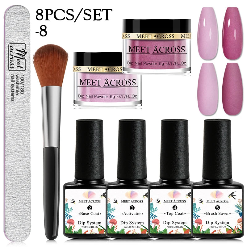 MEET ACROSS 5g Glitter Dipping Nail Powder Set Nude Pink Purple Dipping Nail System Kits No Need Lamp Saving Time DIY Nail Art