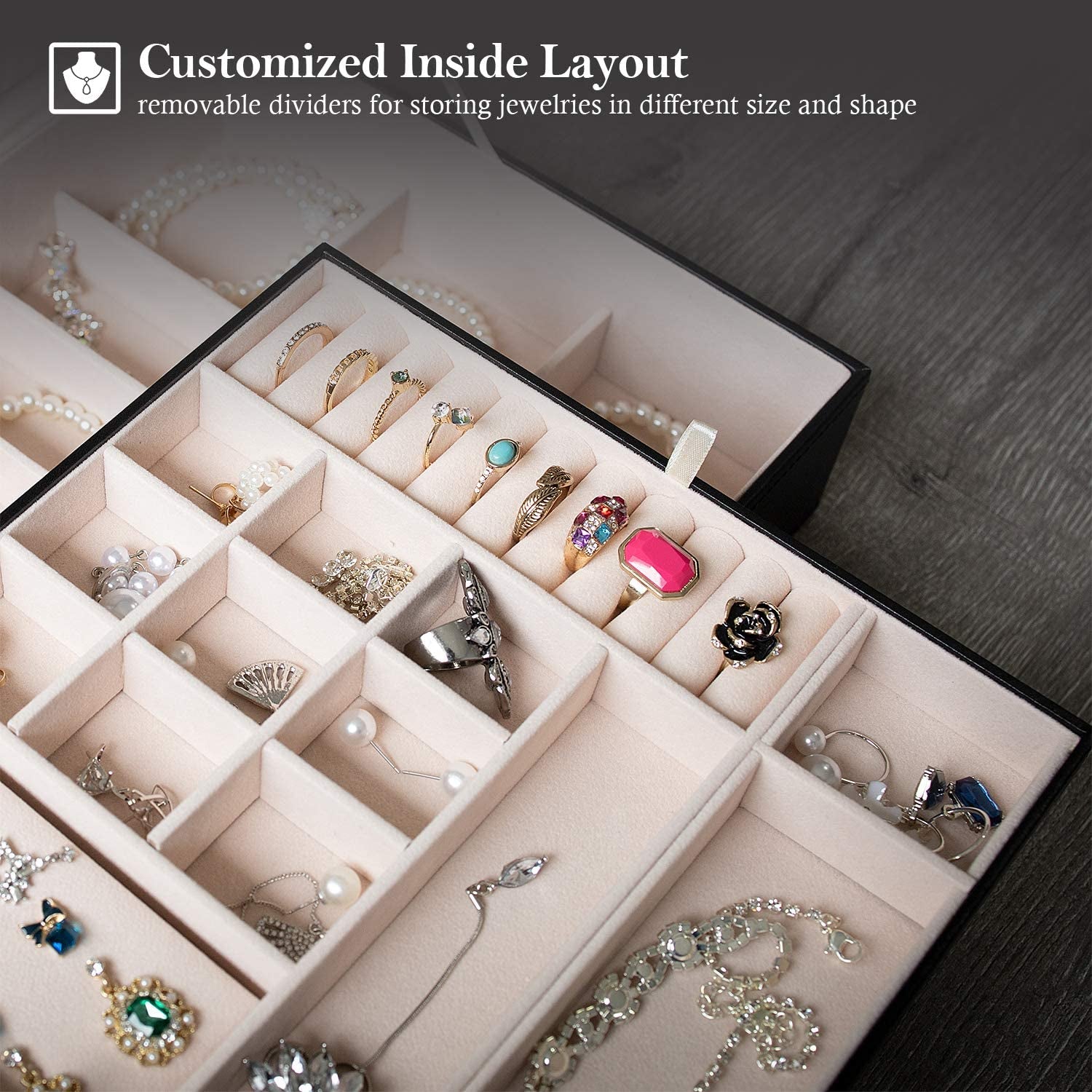 Jewelry Box for Women Girls Christmas Valentine'S Day Ideas, Large Leather Jewelry Organizer Storage Case with Two Layers Display for Earrings Bracelets Rings Watches -Black