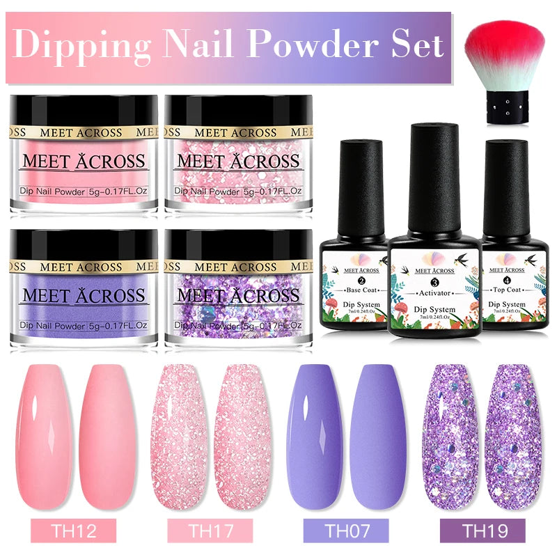 MEET ACROSS 5g Glitter Dipping Nail Powder Set Nude Pink Purple Dipping Nail System Kits No Need Lamp Saving Time DIY Nail Art