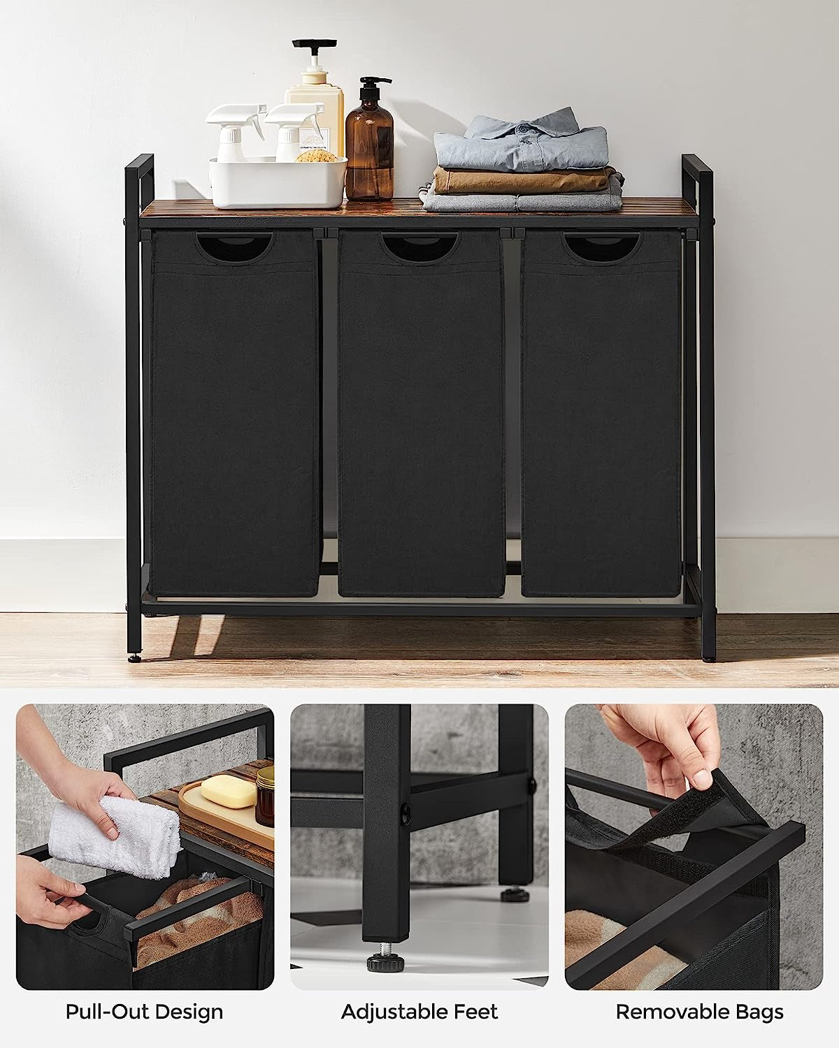 Laundry Hamper, Laundry Basket, Laundry Sorter with 3 Pull-Out and Removable Bags, Shelf, Metal Frame, 3 X 10 Gallons (38L), 36.4 X 13 X 28.4 Inches, Rustic Brown and Black UBLH301B01