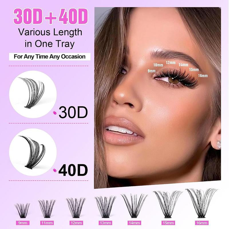100D Volume Lash Cluster Kit - Natural Wispy Individual Eyelash Extensions (9-16mm) with DIY Application Tools, Lash Bond, and Seal