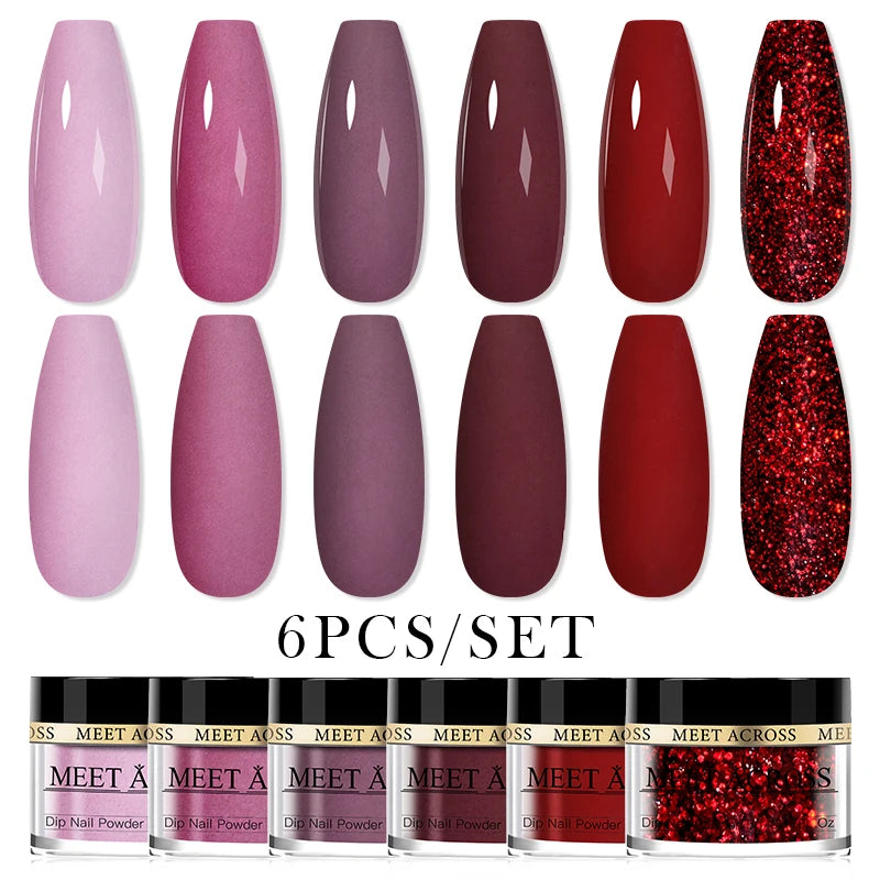 MEET ACROSS 5g Glitter Dipping Nail Powder Set Nude Pink Purple Dipping Nail System Kits No Need Lamp Saving Time DIY Nail Art