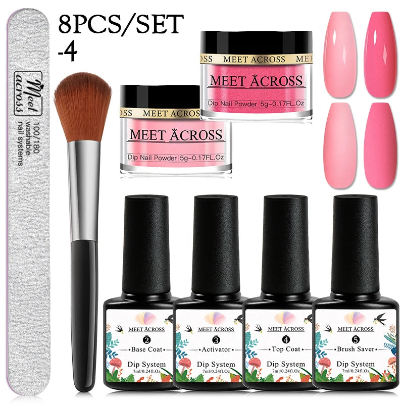 MEET ACROSS 5g Glitter Dipping Nail Powder Set Nude Pink Purple Dipping Nail System Kits No Need Lamp Saving Time DIY Nail Art