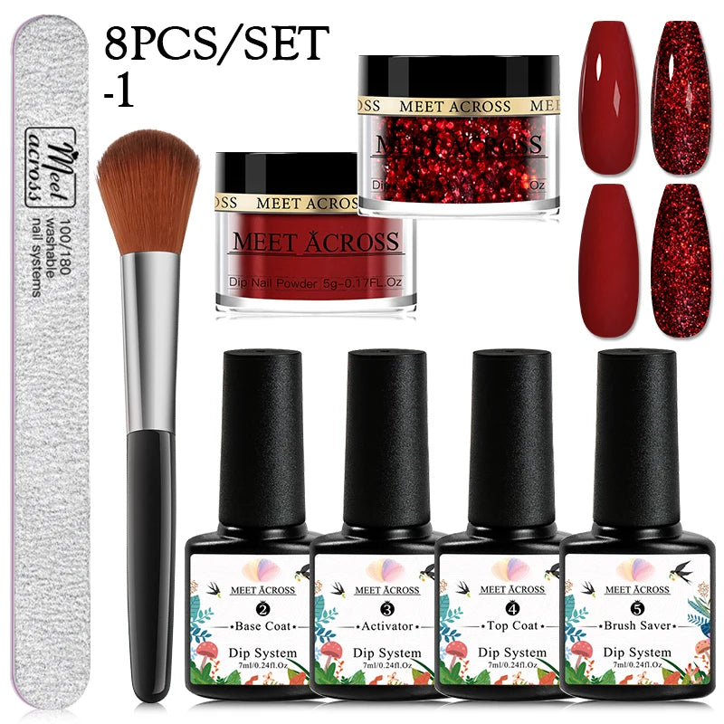 MEET ACROSS 5g Glitter Dipping Nail Powder Set Nude Pink Purple Dipping Nail System Kits No Need Lamp Saving Time DIY Nail Art