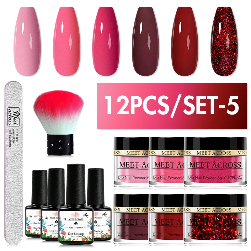 MEET ACROSS 5g Glitter Dipping Nail Powder Set Nude Pink Purple Dipping Nail System Kits No Need Lamp Saving Time DIY Nail Art
