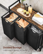 Laundry Hamper, Laundry Basket, Laundry Sorter with 3 Pull-Out and Removable Bags, Shelf, Metal Frame, 3 X 10 Gallons (38L), 36.4 X 13 X 28.4 Inches, Rustic Brown and Black UBLH301B01