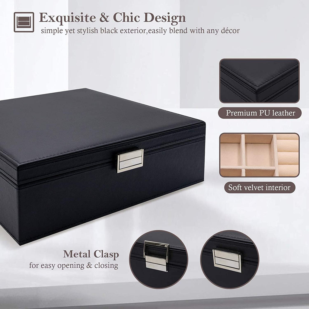 Jewelry Box for Women Girls Christmas Valentine'S Day Ideas, Large Leather Jewelry Organizer Storage Case with Two Layers Display for Earrings Bracelets Rings Watches -Black