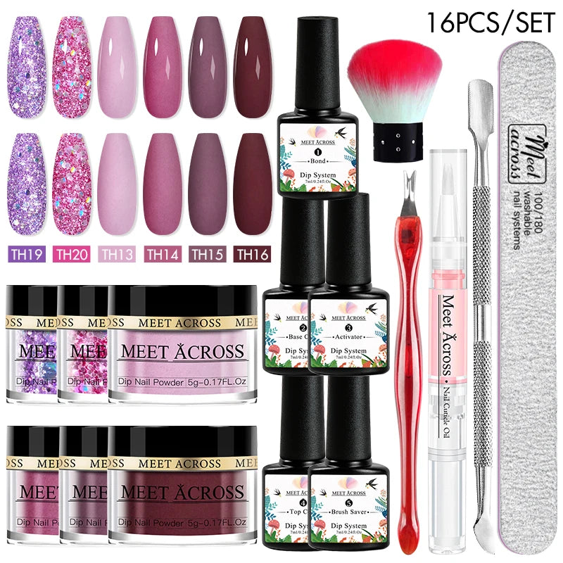 MEET ACROSS 5g Glitter Dipping Nail Powder Set Nude Pink Purple Dipping Nail System Kits No Need Lamp Saving Time DIY Nail Art