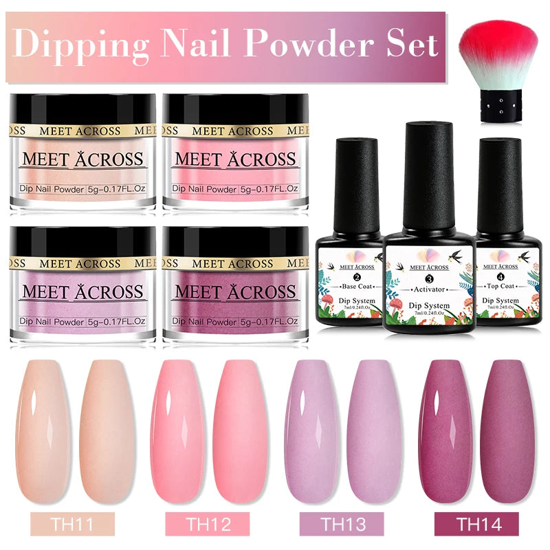 MEET ACROSS 5g Glitter Dipping Nail Powder Set Nude Pink Purple Dipping Nail System Kits No Need Lamp Saving Time DIY Nail Art