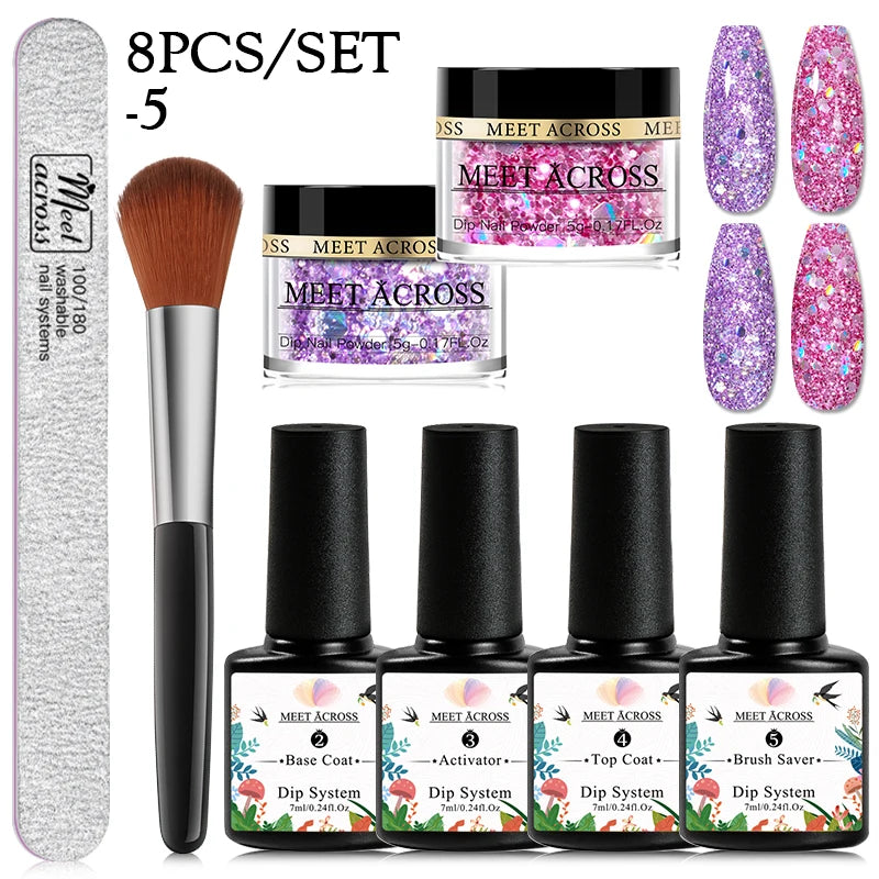 MEET ACROSS 5g Glitter Dipping Nail Powder Set Nude Pink Purple Dipping Nail System Kits No Need Lamp Saving Time DIY Nail Art