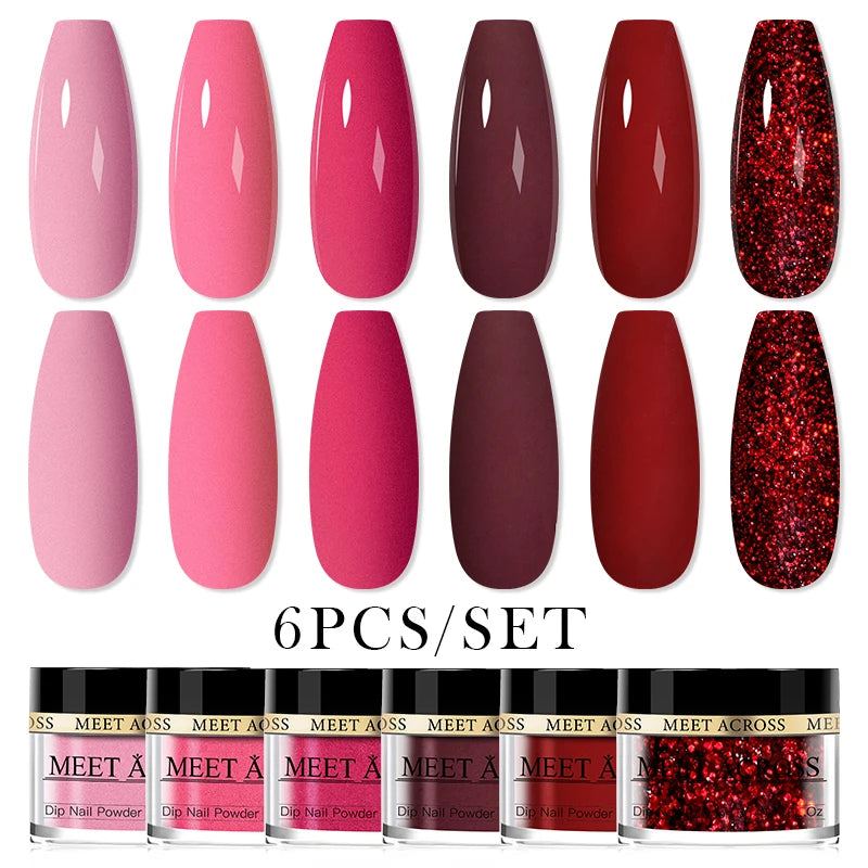 MEET ACROSS 5g Glitter Dipping Nail Powder Set Nude Pink Purple Dipping Nail System Kits No Need Lamp Saving Time DIY Nail Art