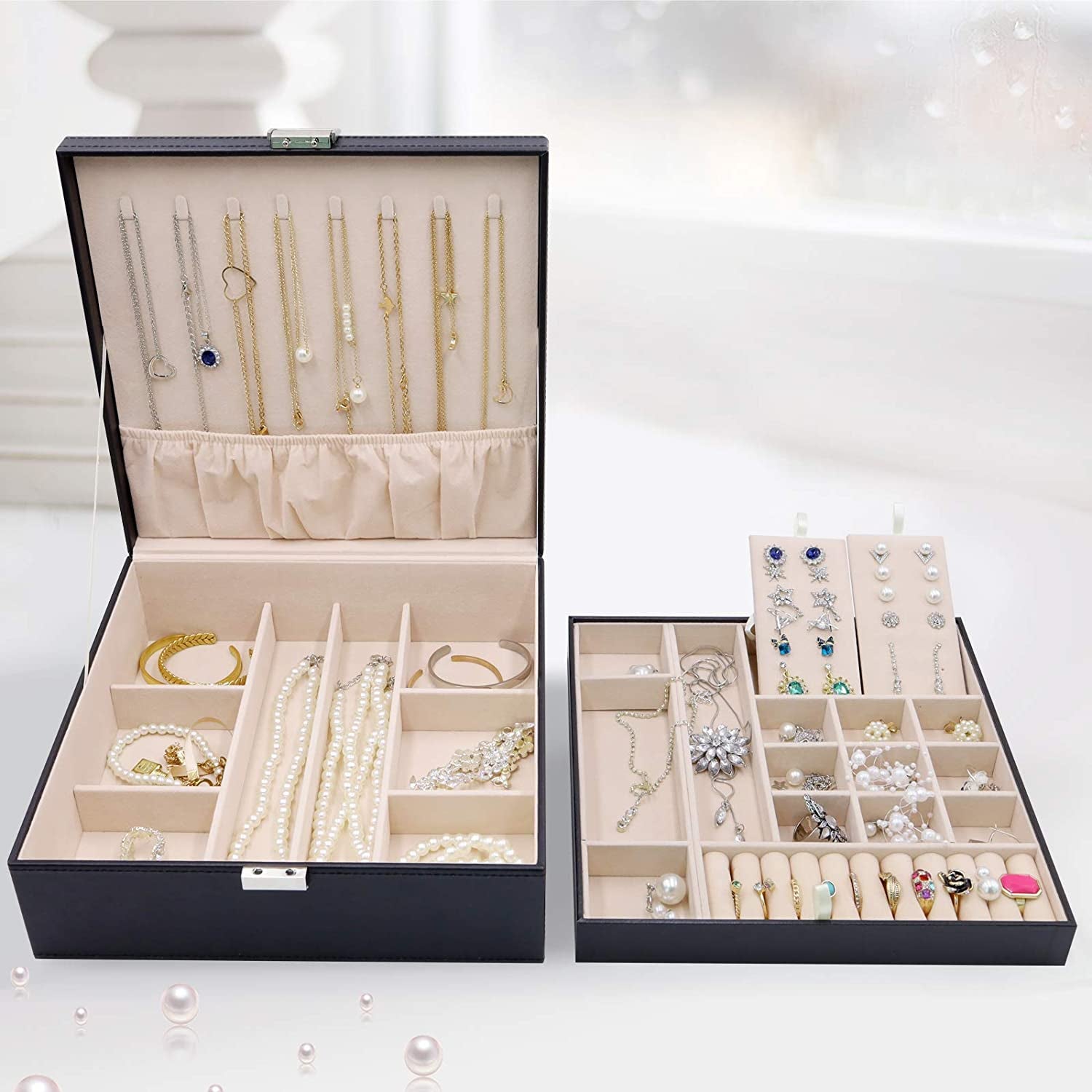 Jewelry Box for Women Girls Christmas Valentine'S Day Ideas, Large Leather Jewelry Organizer Storage Case with Two Layers Display for Earrings Bracelets Rings Watches -Black