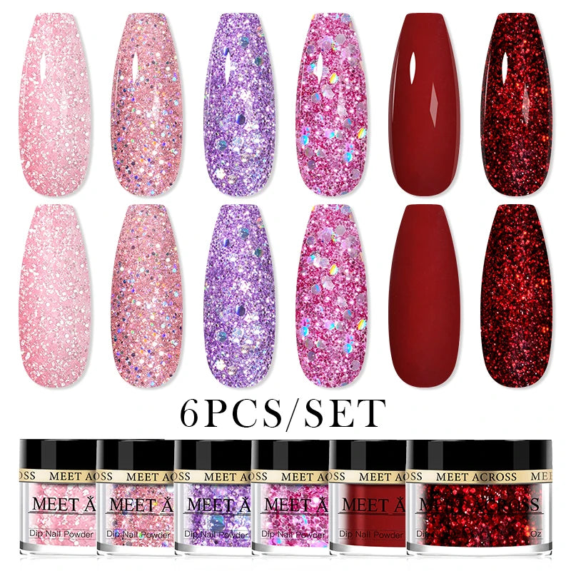 MEET ACROSS 5g Glitter Dipping Nail Powder Set Nude Pink Purple Dipping Nail System Kits No Need Lamp Saving Time DIY Nail Art