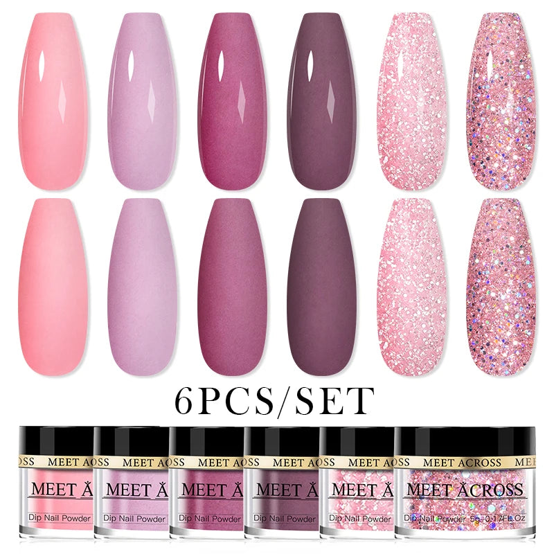 MEET ACROSS 5g Glitter Dipping Nail Powder Set Nude Pink Purple Dipping Nail System Kits No Need Lamp Saving Time DIY Nail Art