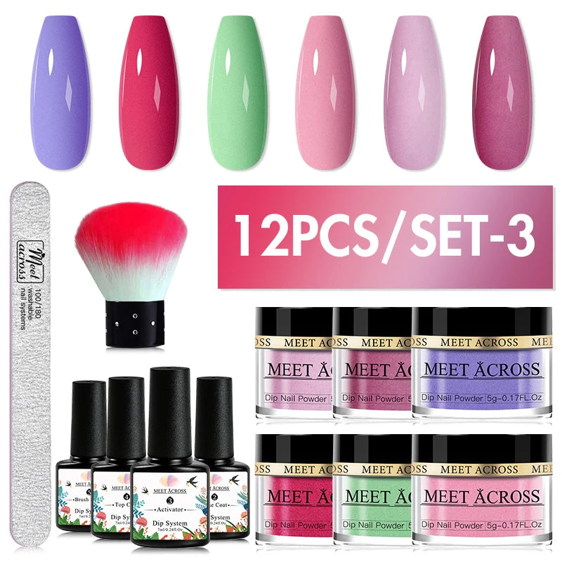 MEET ACROSS 5g Glitter Dipping Nail Powder Set Nude Pink Purple Dipping Nail System Kits No Need Lamp Saving Time DIY Nail Art