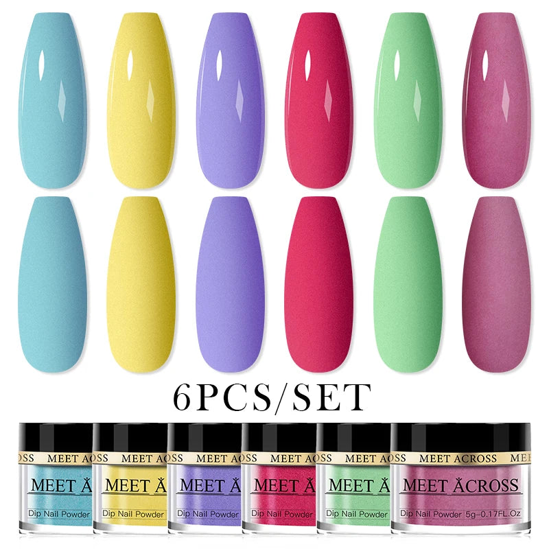 MEET ACROSS 5g Glitter Dipping Nail Powder Set Nude Pink Purple Dipping Nail System Kits No Need Lamp Saving Time DIY Nail Art