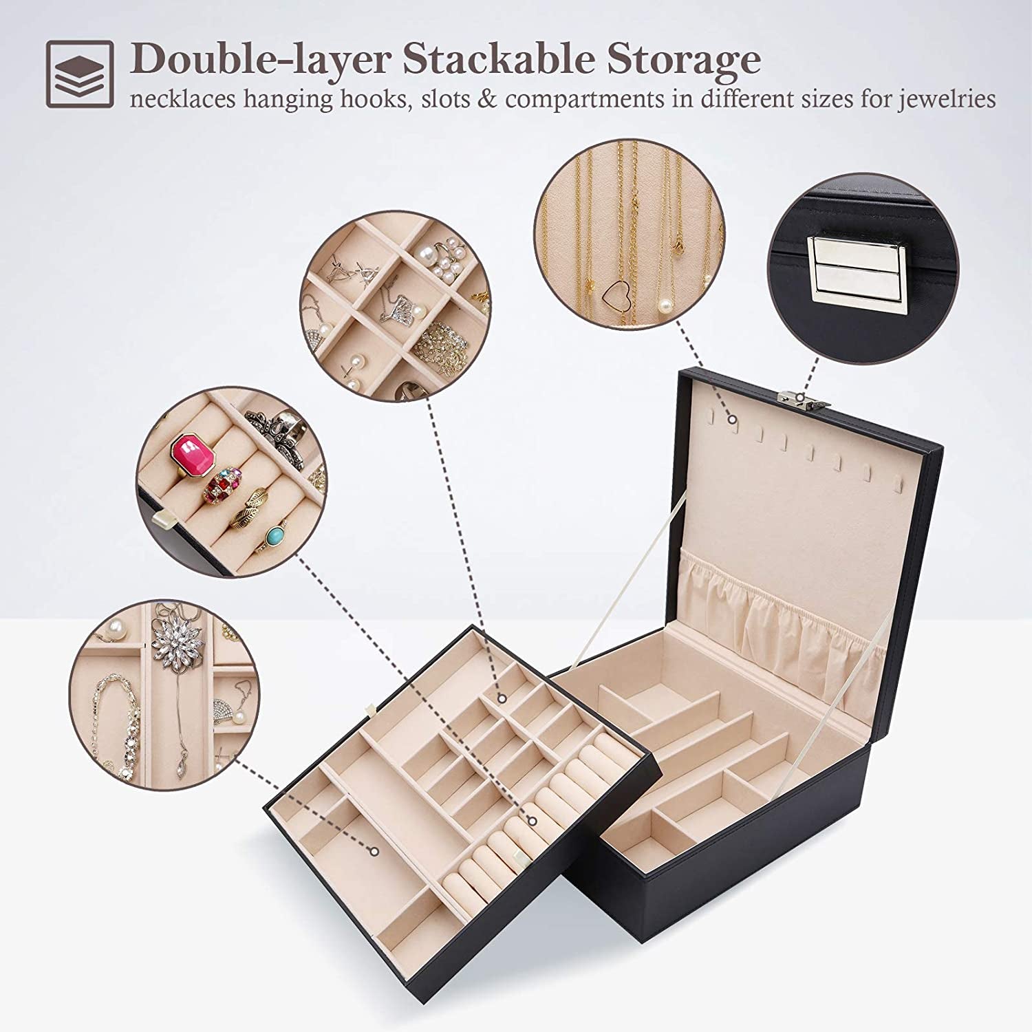 Jewelry Box for Women Girls Christmas Valentine'S Day Ideas, Large Leather Jewelry Organizer Storage Case with Two Layers Display for Earrings Bracelets Rings Watches -Black