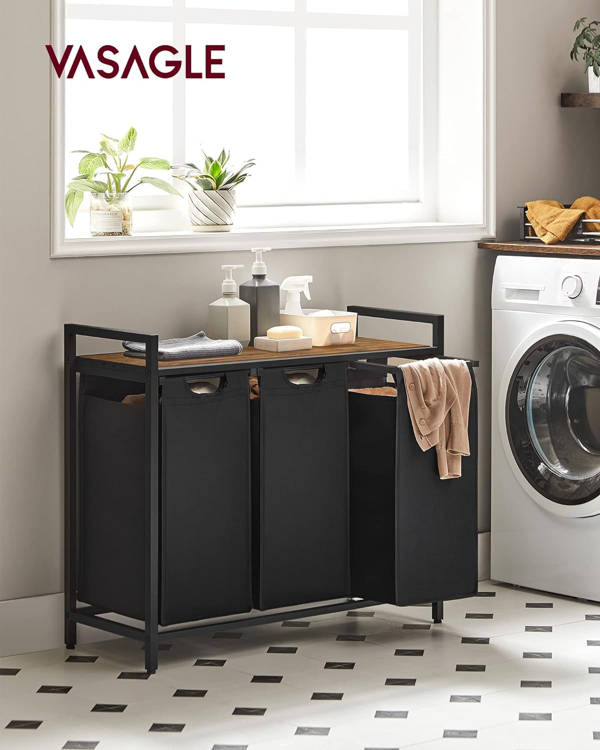 Laundry Hamper, Laundry Basket, Laundry Sorter with 3 Pull-Out and Removable Bags, Shelf, Metal Frame, 3 X 10 Gallons (38L), 36.4 X 13 X 28.4 Inches, Rustic Brown and Black UBLH301B01