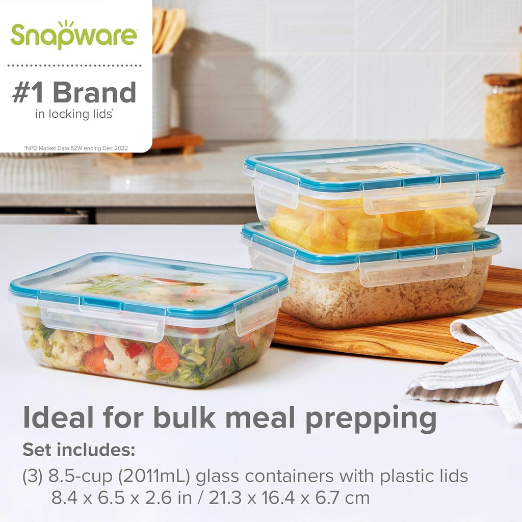 Total Solution 6 Piece Rectangle Plastic Food Storage Container Value Set, (3 X 8.5 Cup [2L] Containers with 3 X Tab Locking Lids) Opaque