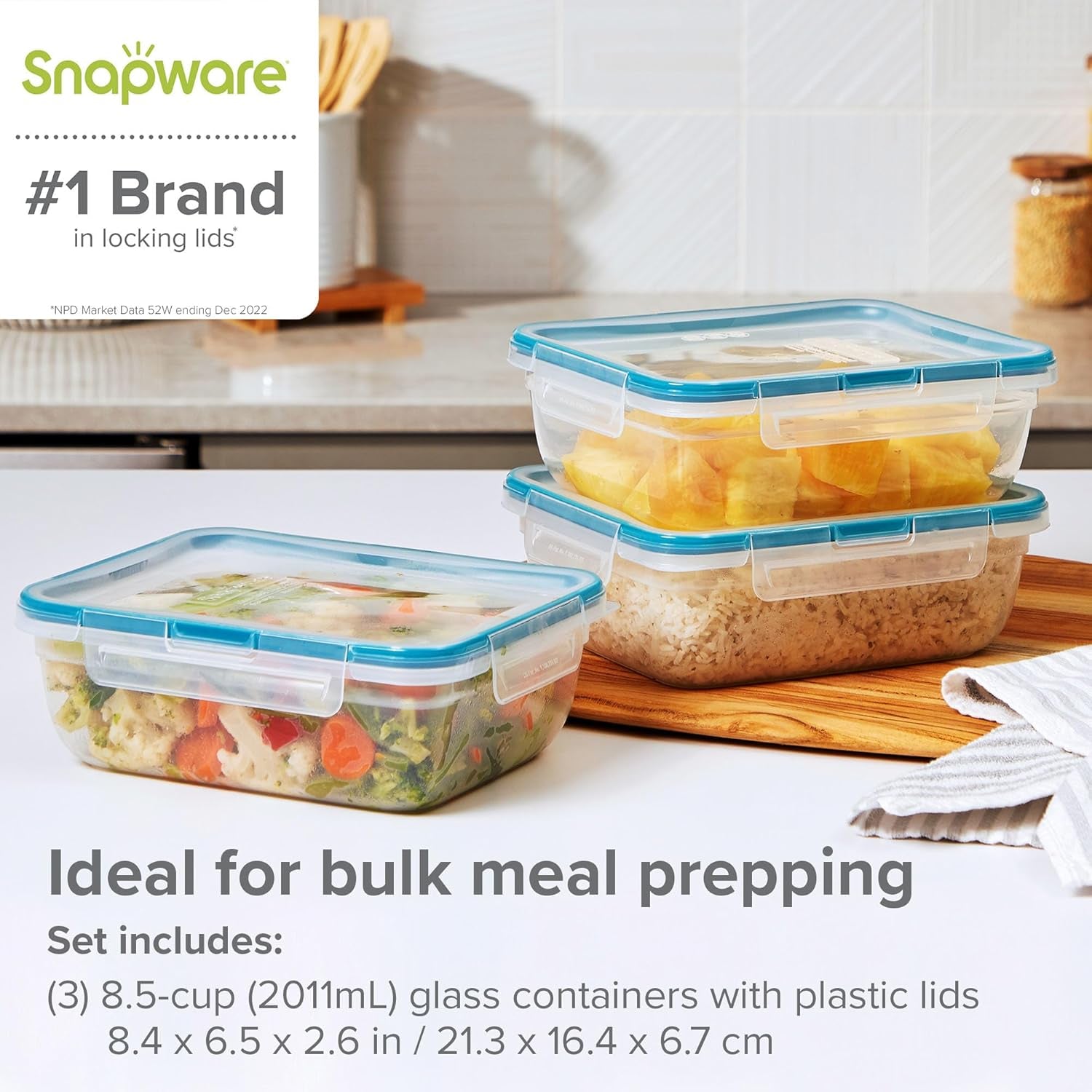 Total Solution 6 Piece Rectangle Plastic Food Storage Container Value Set, (3 X 8.5 Cup [2L] Containers with 3 X Tab Locking Lids) Opaque