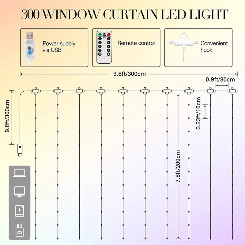 Enhance Your Space with 1pc 300 LED Curtain Fairy Lights | Remote Controlled, 8 Modes, Waterproof, USB Plug In-0