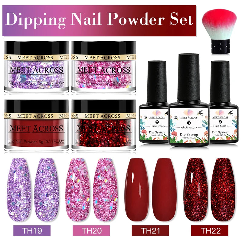 MEET ACROSS 5g Glitter Dipping Nail Powder Set Nude Pink Purple Dipping Nail System Kits No Need Lamp Saving Time DIY Nail Art
