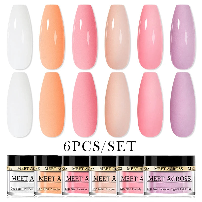 MEET ACROSS 5g Glitter Dipping Nail Powder Set Nude Pink Purple Dipping Nail System Kits No Need Lamp Saving Time DIY Nail Art