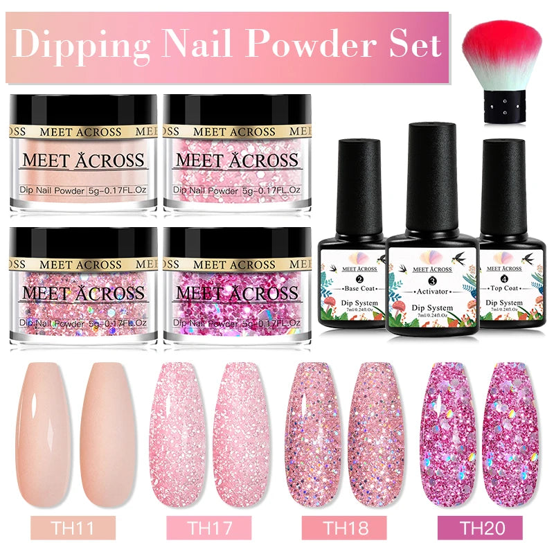 MEET ACROSS 5g Glitter Dipping Nail Powder Set Nude Pink Purple Dipping Nail System Kits No Need Lamp Saving Time DIY Nail Art