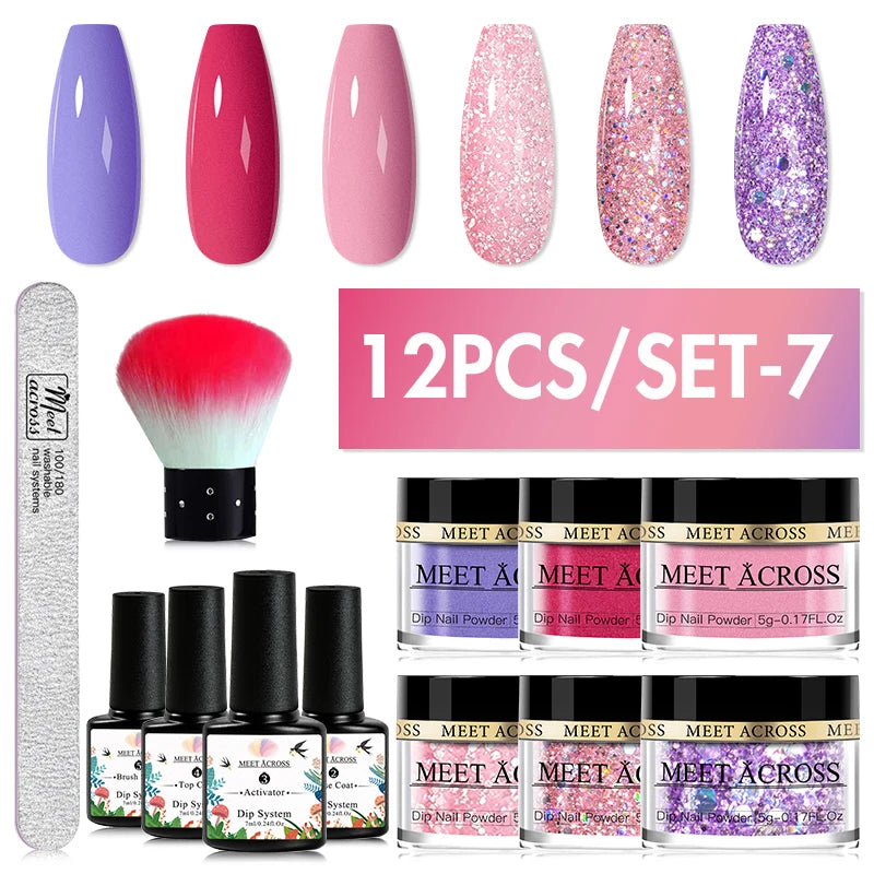 MEET ACROSS 5g Glitter Dipping Nail Powder Set Nude Pink Purple Dipping Nail System Kits No Need Lamp Saving Time DIY Nail Art