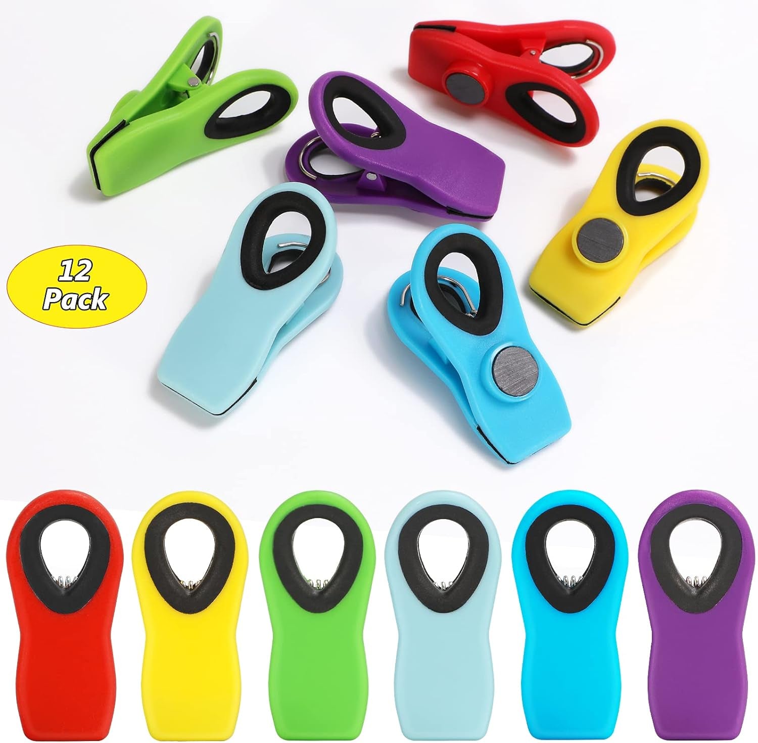 12 Pack Chip Clips, Magnetic Bag Clips with Airtight Seal for Chips, Bread, Snacks, Fridge Organizer Kitchen Storage Clips Multicolor