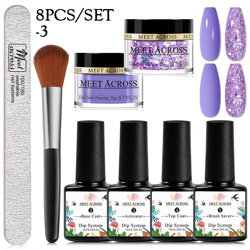 MEET ACROSS 5g Glitter Dipping Nail Powder Set Nude Pink Purple Dipping Nail System Kits No Need Lamp Saving Time DIY Nail Art