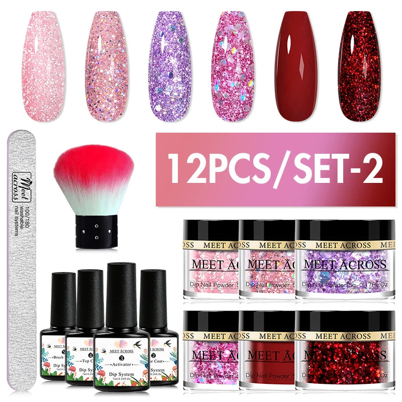 MEET ACROSS 5g Glitter Dipping Nail Powder Set Nude Pink Purple Dipping Nail System Kits No Need Lamp Saving Time DIY Nail Art