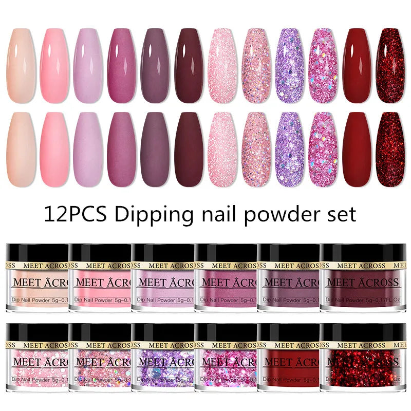 MEET ACROSS 5g Glitter Dipping Nail Powder Set Nude Pink Purple Dipping Nail System Kits No Need Lamp Saving Time DIY Nail Art