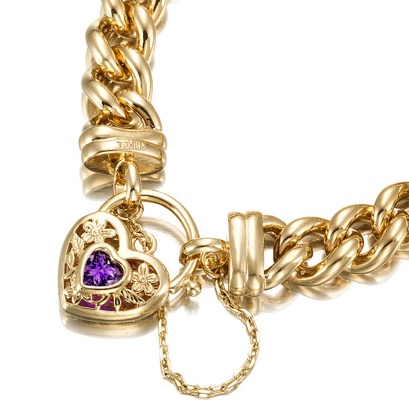 18ct Heavy Yellow Gold Plated 12mm Euro Curb Chain Bracelet with a Purple Filigree Locket - USA Made-2