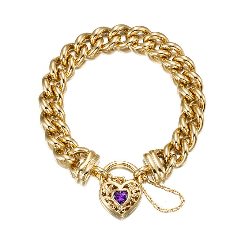 18ct Heavy Yellow Gold Plated 12mm Euro Curb Chain Bracelet with a Purple Filigree Locket - USA Made-0