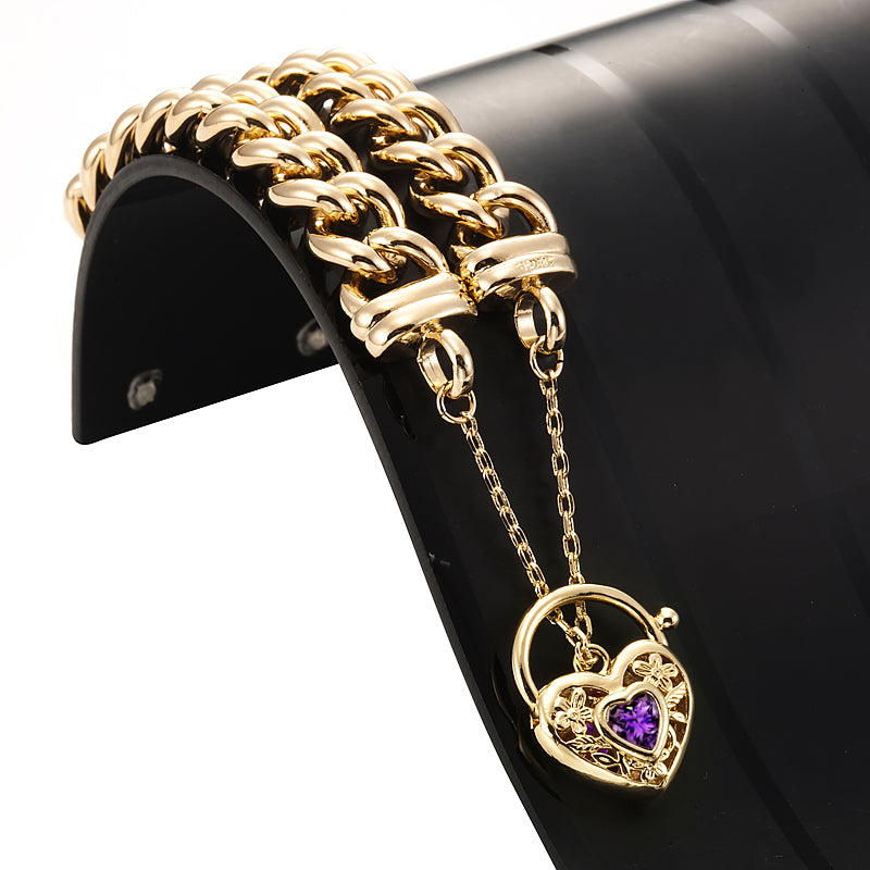 18ct Heavy Yellow Gold Plated 12mm Euro Curb Chain Bracelet with a Purple Filigree Locket - USA Made-1