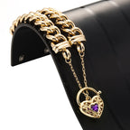 18ct Heavy Yellow Gold Plated 12mm Euro Curb Chain Bracelet with a Purple Filigree Locket - USA Made-1