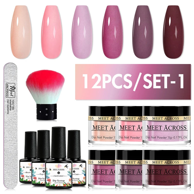 MEET ACROSS 5g Glitter Dipping Nail Powder Set Nude Pink Purple Dipping Nail System Kits No Need Lamp Saving Time DIY Nail Art