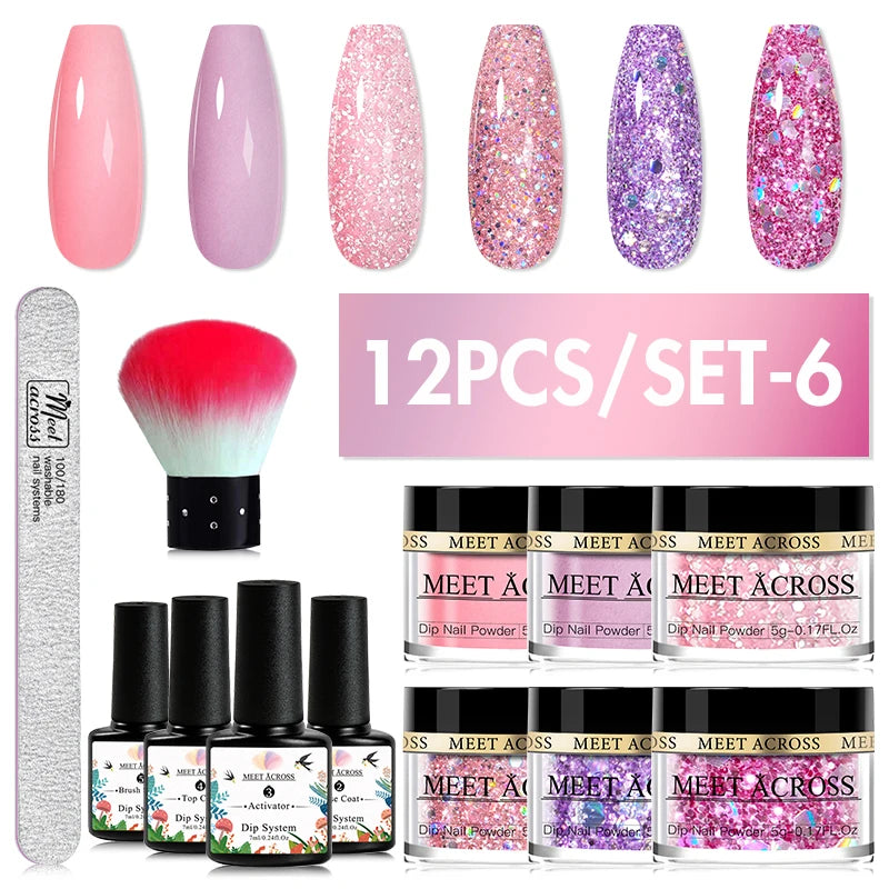 MEET ACROSS 5g Glitter Dipping Nail Powder Set Nude Pink Purple Dipping Nail System Kits No Need Lamp Saving Time DIY Nail Art
