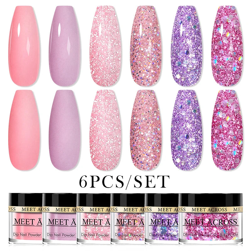 MEET ACROSS 5g Glitter Dipping Nail Powder Set Nude Pink Purple Dipping Nail System Kits No Need Lamp Saving Time DIY Nail Art