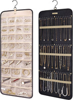 Hanging Jewelry Organizer Storage Roll with Hanger Metal Hooks Double-Sided Jewelry Holder for Earrings, Necklaces, Rings on Closet, Wall, Door, 1 Piece, Large, Black